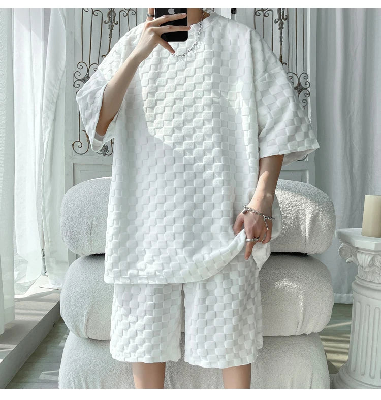 Men's Set Fashion Summer Loose Casual Plaid T Shirts And Shorts High Quality Korean Luxury Clothing Men's Clothes Big Size 5XL-M
