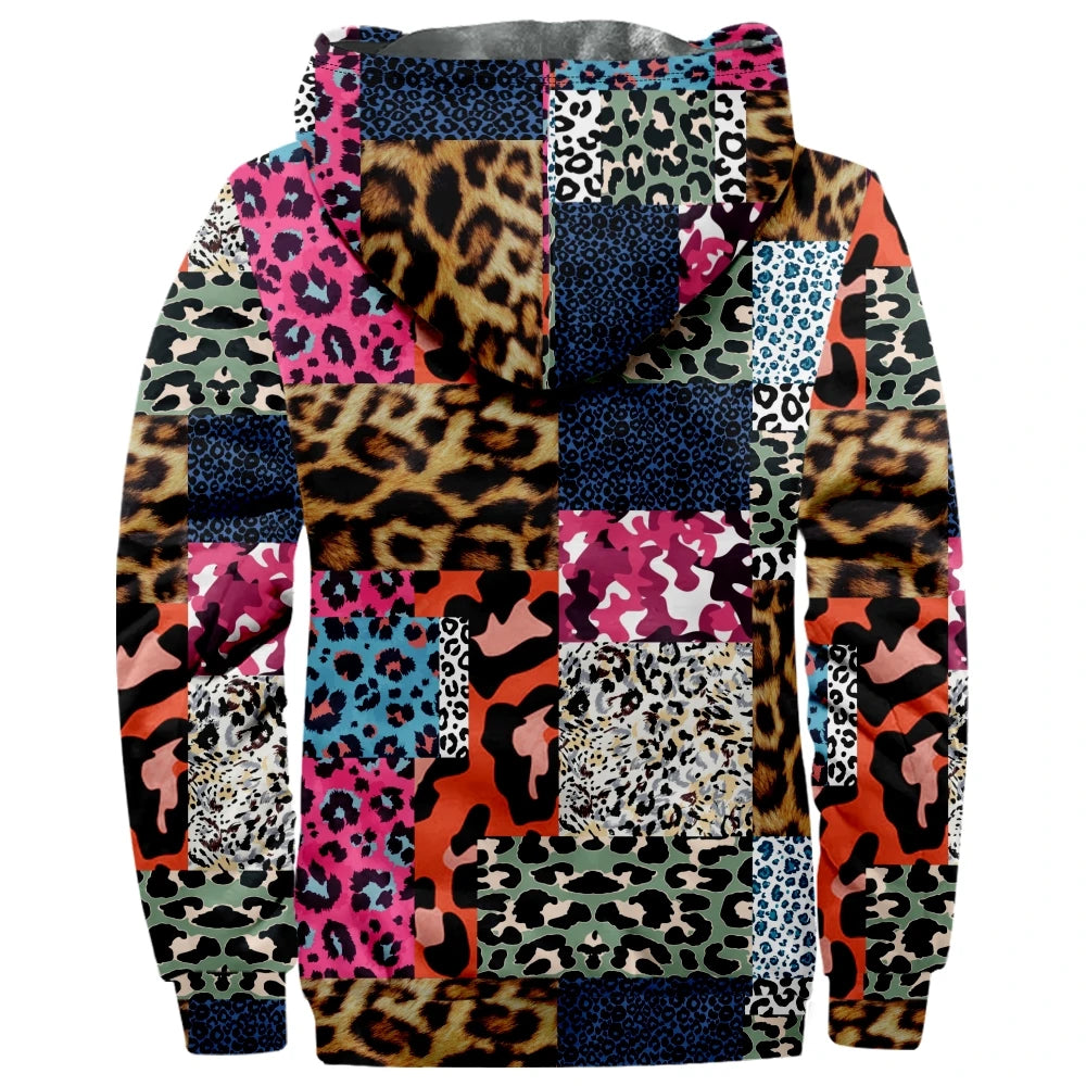 Autumn Winter Fleece Zip Up Hoodies Original Leopard Patchwork Digital Print Men Parka Coat Jackets Outerwear Sweatshirts Street