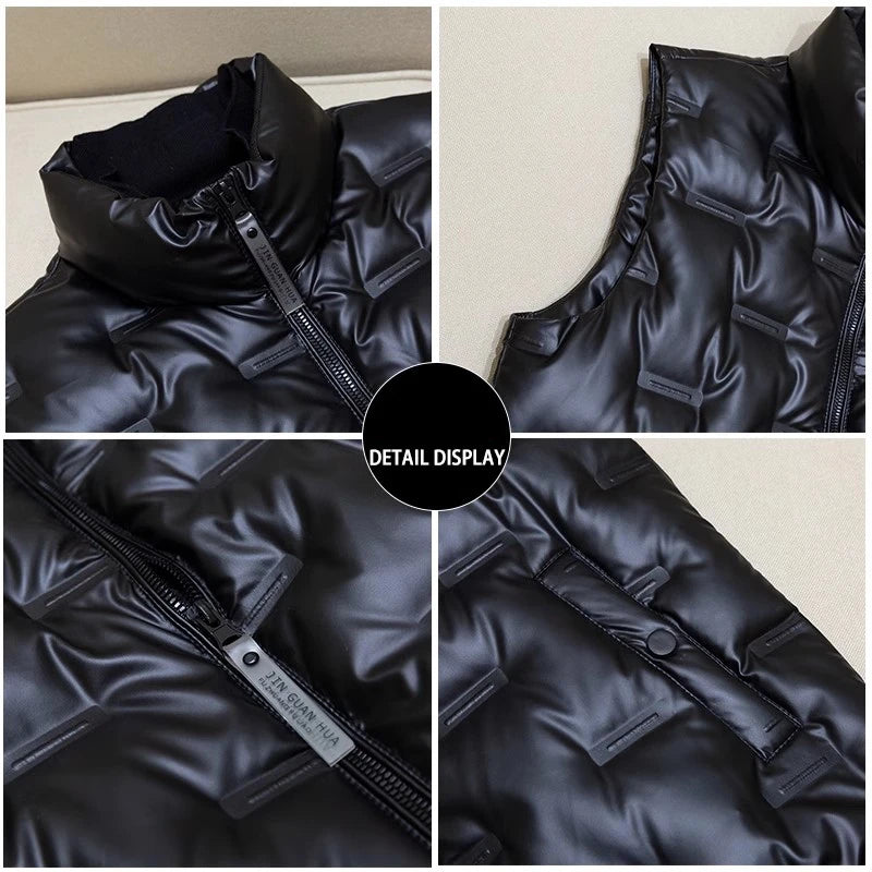 Black Men's Standing Collar Sleeveless Vest Coat, Winter Fashion Casual Waterproof Thick Jacket,Silver Windproof Waistcoat