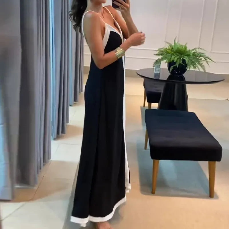 Women Casual V Neck Long Dress Summer Chic Stitching Color Loose Hem Dresses Elegant 2024 Backless Sleeveless Sling Maxi Dresses