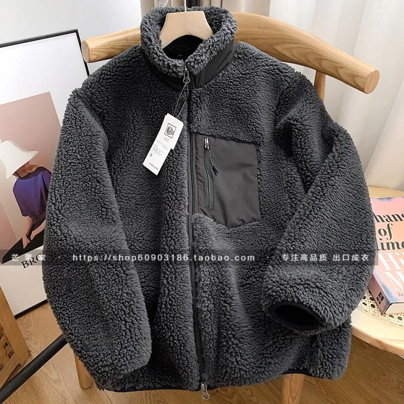 Autumn Winter Lambswool Coat Male Loose Windproof Warm Sherpa Stand Collar Polar Fleece Jacket Unisex Simple  Pocket Spliced Top