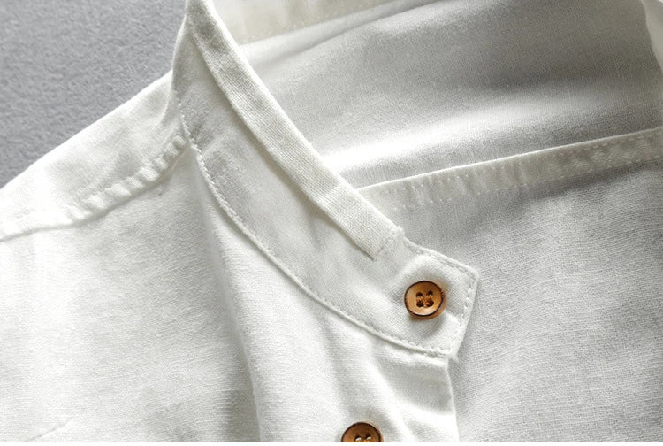 Men Spring Autumn Japan Vintage Style Cotton Linen Shirts Stand Collar Slim Fit Single Breasted Simple Design Soft Casual Shirt