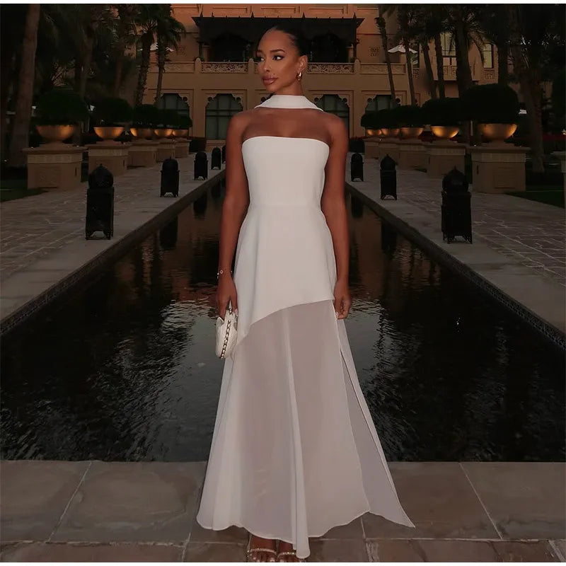 Elegant Yellow Gauze Off Shoulder Scarf Neack Long Dress Women Fashion Sleeveless A-line Vestido 2025 Summer Vocation Party Robe