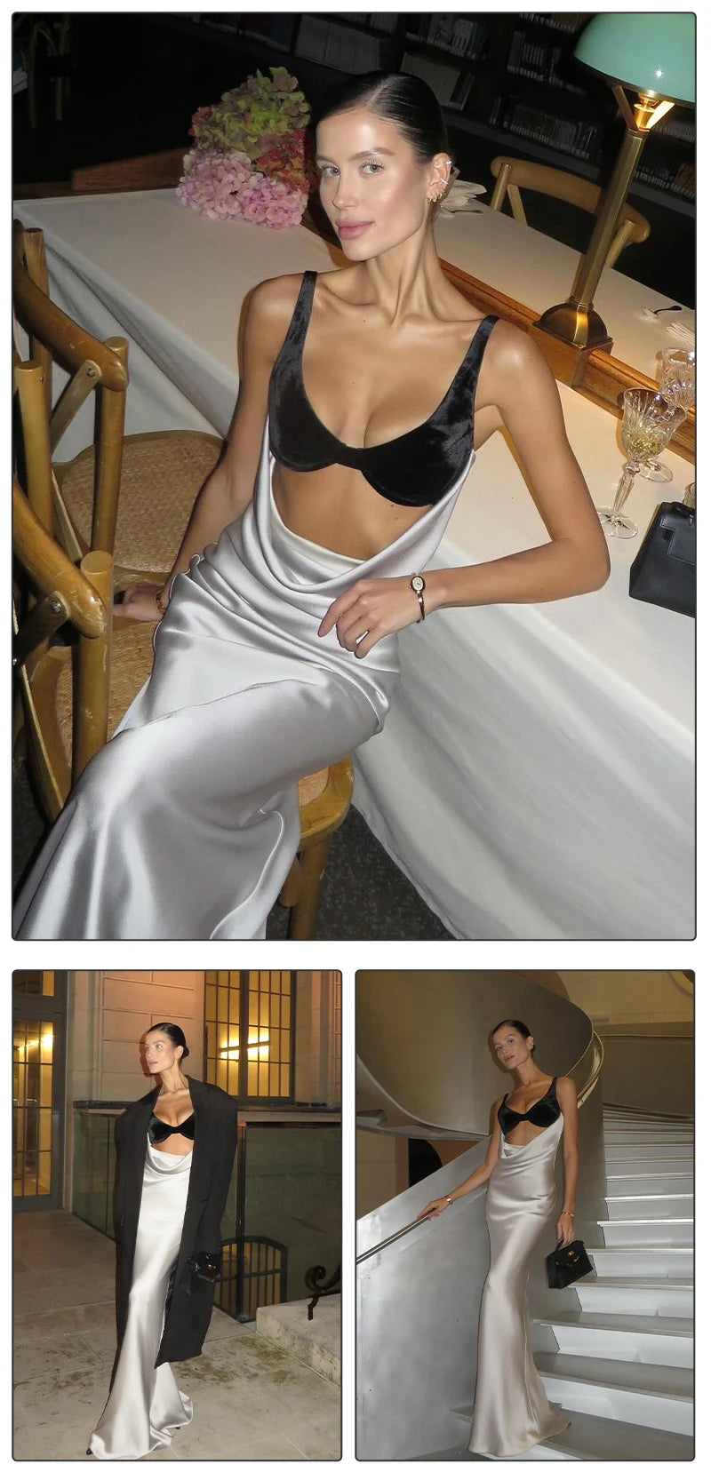 VC Women Cut-out Long Dress Temperament Contrast Color Combo V Neck Suspender Backless Slit Slim Mermaid Party Evening Gowns