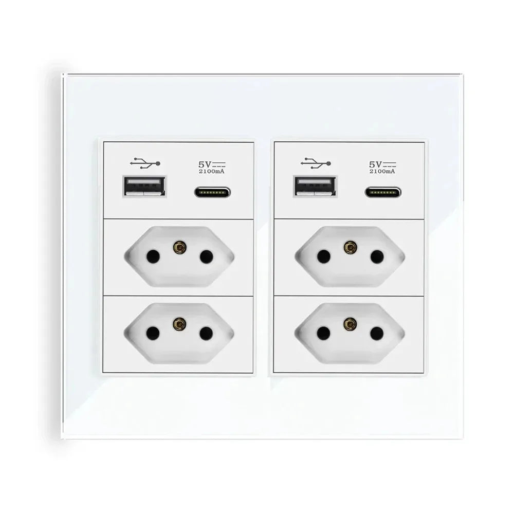 Melery 4*4 Brazil Plug 20A Wall Socket Tomada USB Type C Pressure Switch Tempered Glass Panel Outlets Indoor Home Office Kitchen