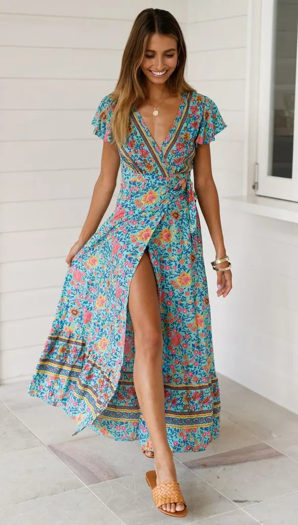 Summer Dress Women 2024 Short Sleeveless Casual V-neck Floral Print Boho Beach Long Dress S-3XL Sexy Split Party Robe