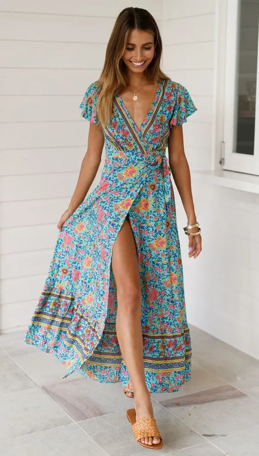 Summer Dress Women 2024 Short Sleeveless Casual V-neck Floral Print Boho Beach Long Dress S-3XL Sexy Split Party Robe