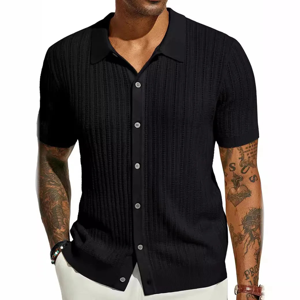 Summer Men's Casual Shirt Breathable Hollow Out Knit Shirt Short Sleeve Lapel Lightweight Top for Men European  American Loose