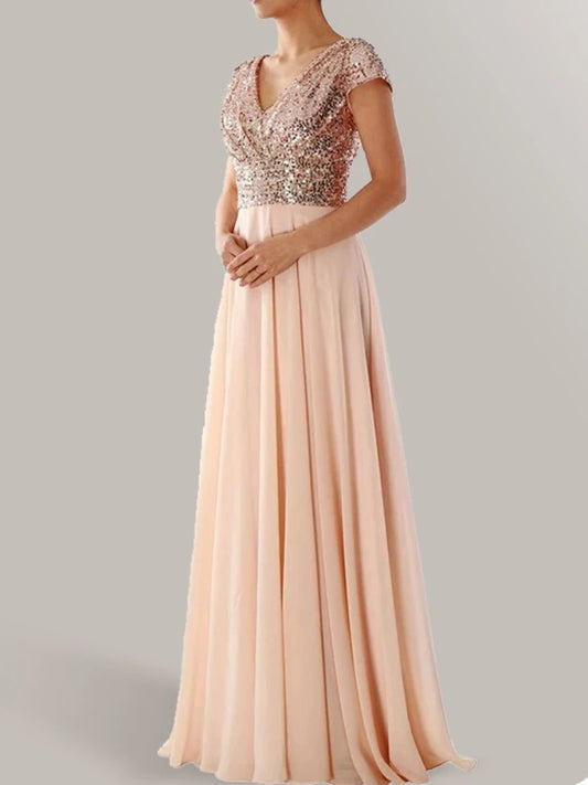 Elegant Sequins Chiffon Dress for Women V Neck Pleated Hem Female Sequins Chiffon Prom Cocktail Long Dress Wedding Evening Dress