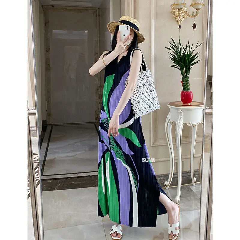Pleated Geometric Diamond Summer Women French Casual Printing Holiday Style V-neck Sleeveless Loose Texture Forking Long Dress