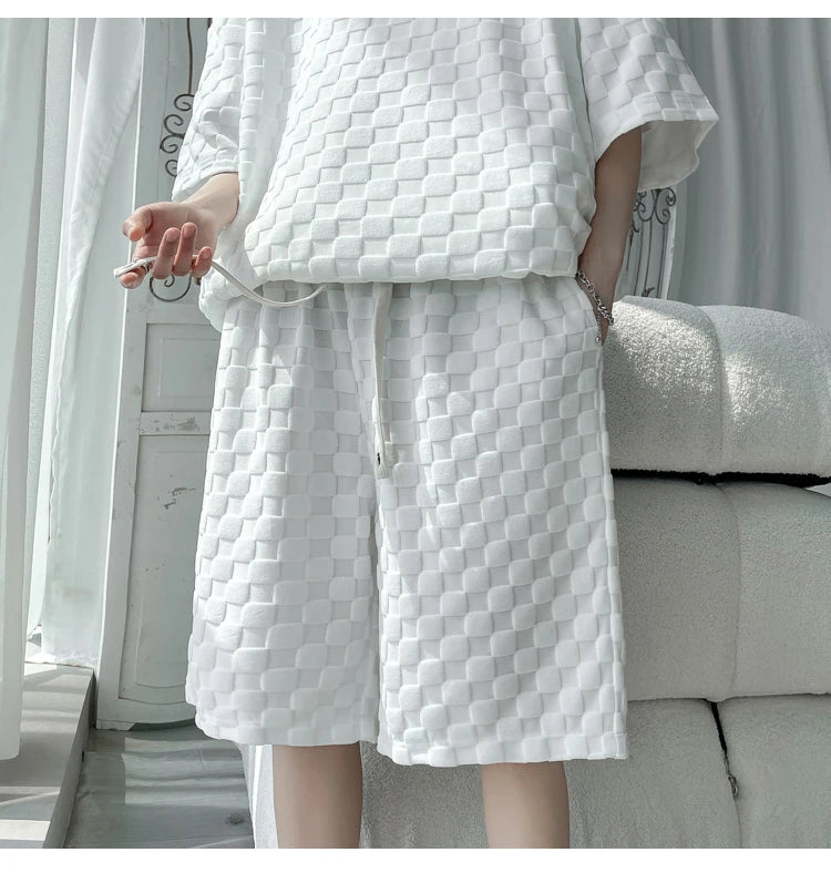 Men's Set Fashion Summer Loose Casual Plaid T Shirts And Shorts High Quality Korean Luxury Clothing Men's Clothes Big Size 5XL-M