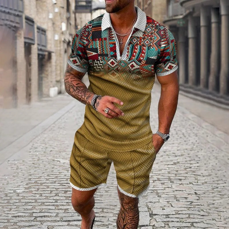 3D Print Nationality Style Men's Short Sleeve Sets Fashion Tee Shorts 2 Piece Outfit Casual Zipper Polo Shirts Summer Loose Suit