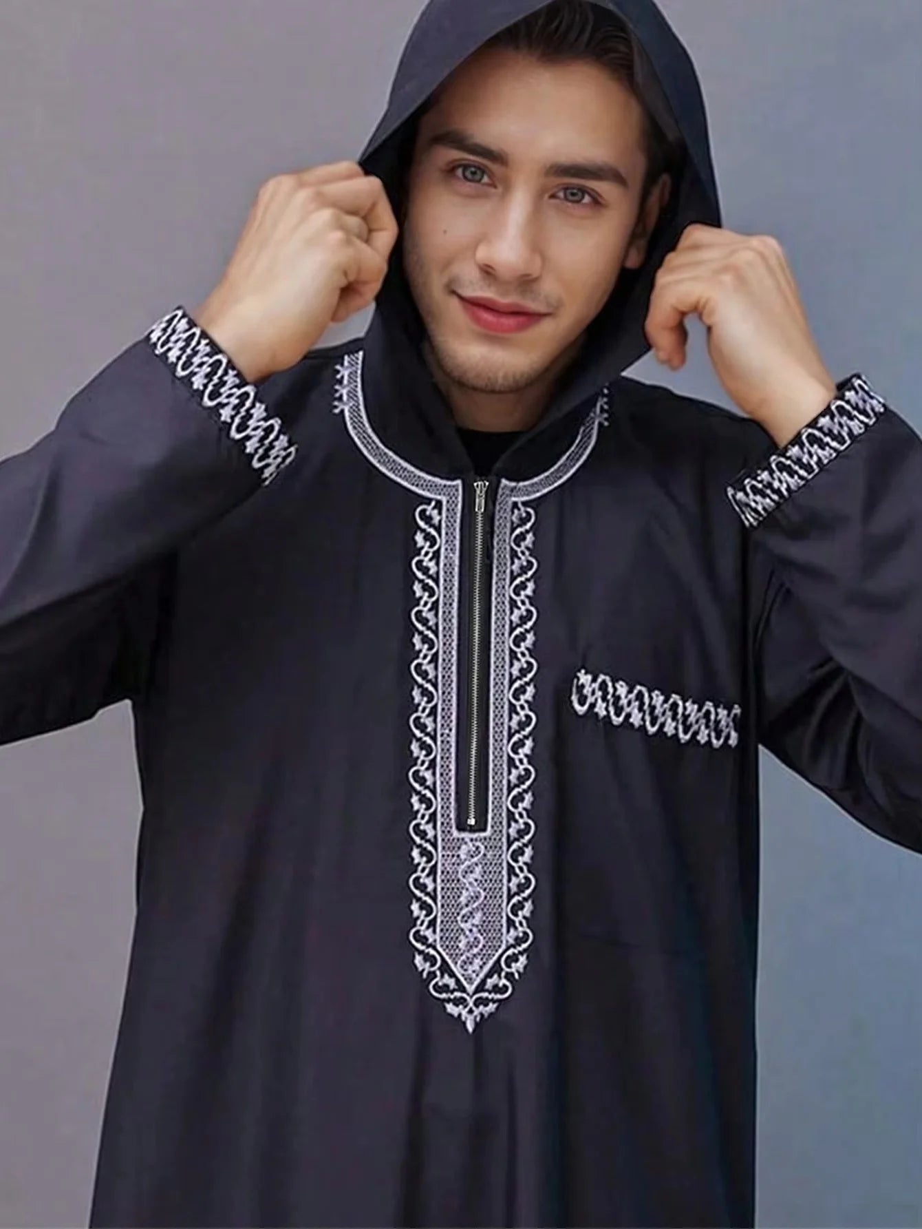 Muslim men's hooded robe fashionable luxury retro ethnic style embroidered men's robe simple casual daily worship robe