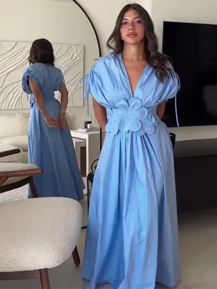 Women Blue V-neck Waist Strap Three-dimensional Flower Bow High Waist Long Dress