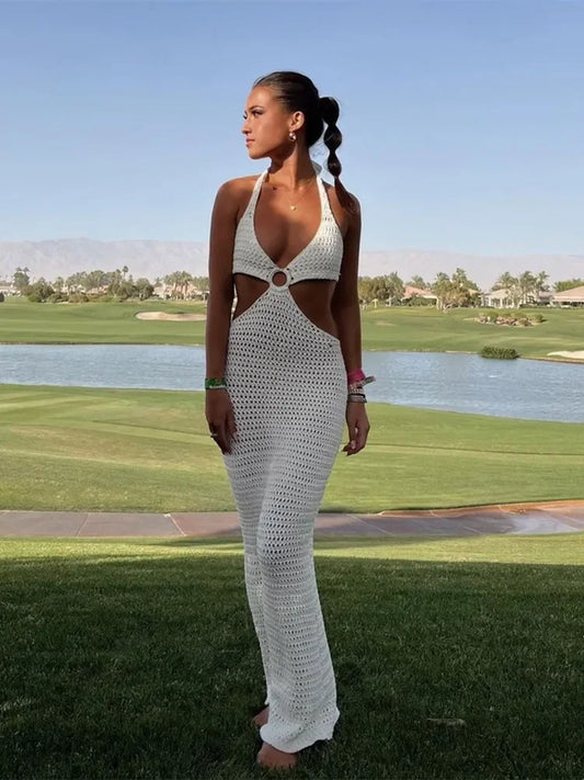 Y2K Cut Out Knitted Long Dress Women Contrast Sleeveless Halter V Neck Backless Dress Summer Bohemian Beach Sexy Dresses Female