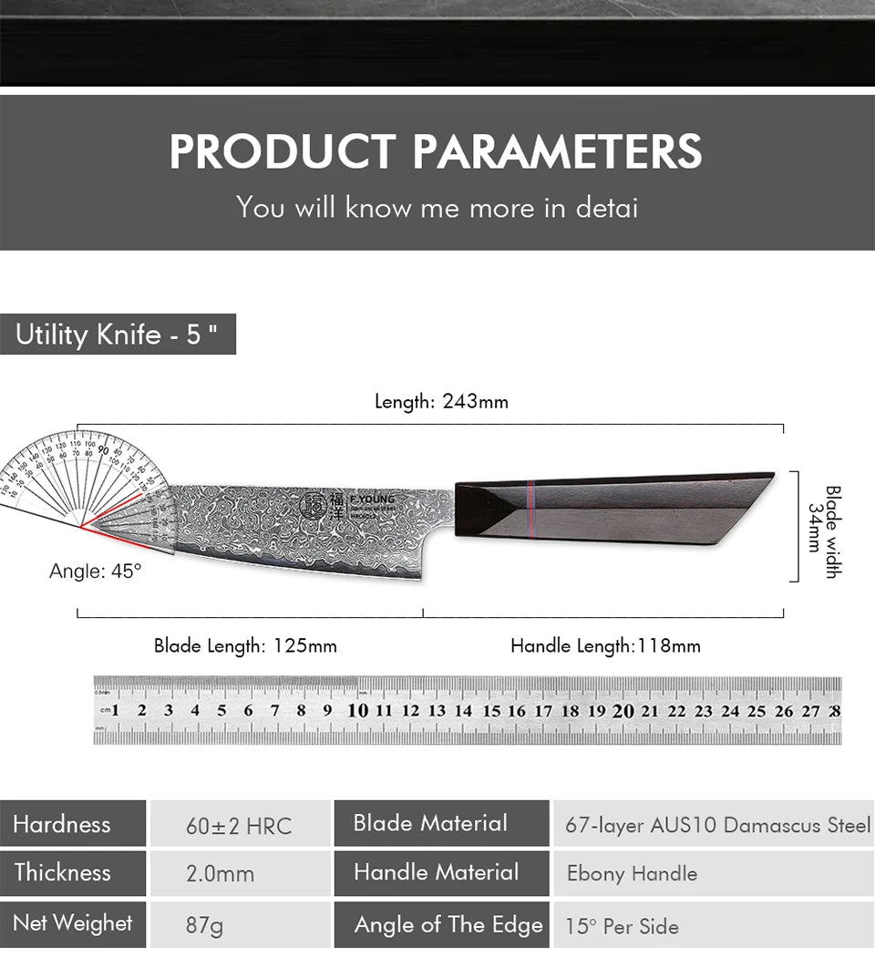 F.YOUNG 5" Japanese Kitchen Utility Knife Damascus Professional Chef Knife Peeling Paring Fruit Vegetable Meat Cooking Tools