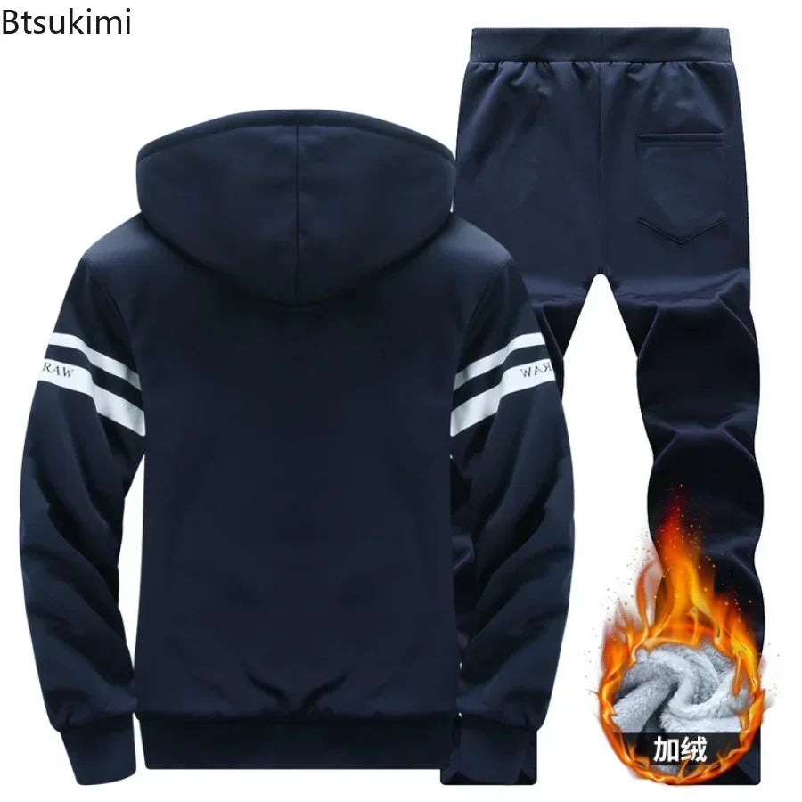 2025 Men's Thicken Warm Tracksuit Set Cardigan Fleece Hood Jacket+Pants Sweatshirts Male 2 Piece Sets Hoodies Suit Coat Big Size
