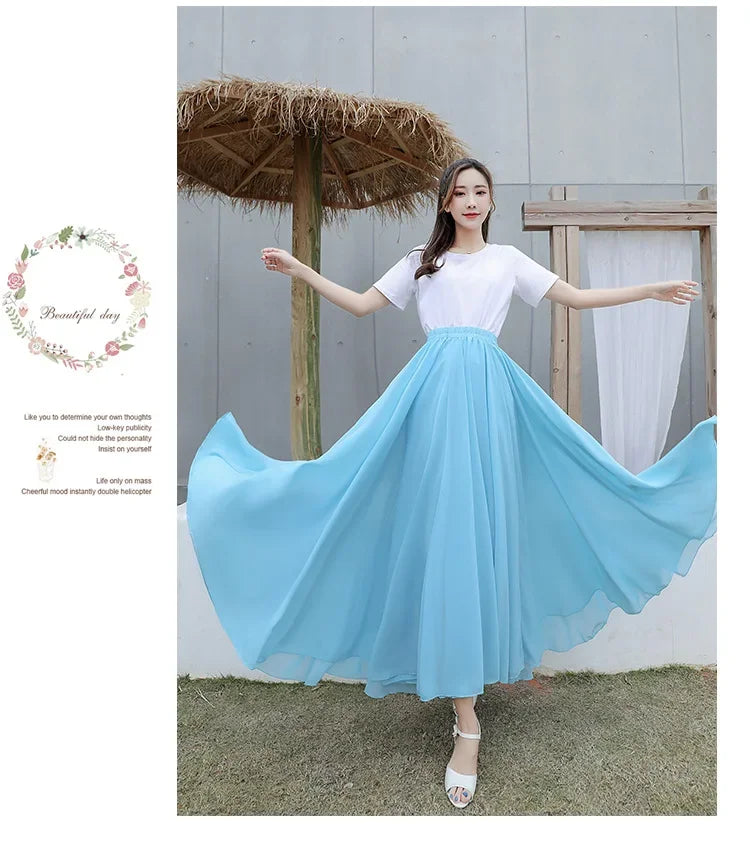 720 Degree Wide Dancing Skirt Chiffon Double Layer Semi-Long Dress Women's Solid Color Xinjiang Dance Skirt