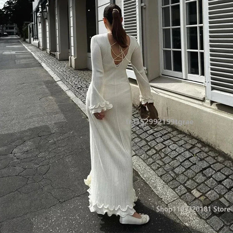 Fashion Solid Ruffles Pleated Loose Long Dress Women Elegant Round Neck Flare Long Sleeves Maxi Dresses Lady High Street Wear
