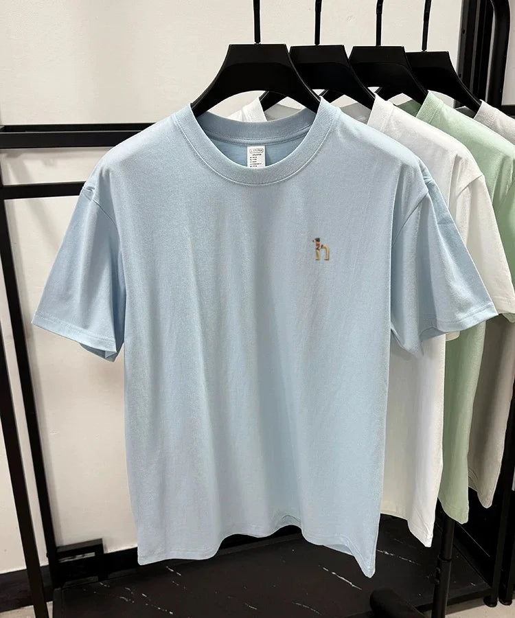 100% pure cotton new high-end brand men's round neck short sleeved T-shirt summer fashion dog embroidery Korean loose design top