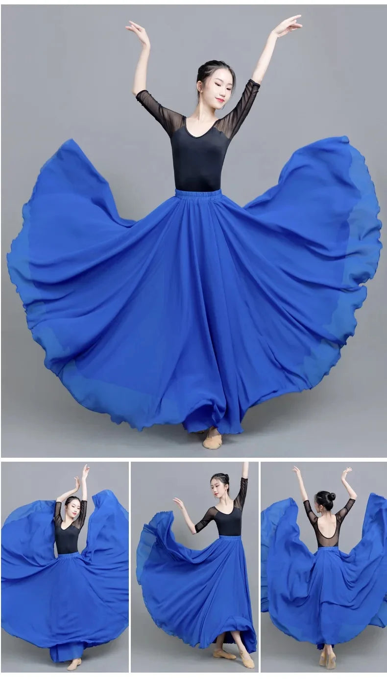 720 Degree Wide Dancing Skirt Chiffon Double Layer Semi-Long Dress Women's Solid Color Xinjiang Dance Skirt