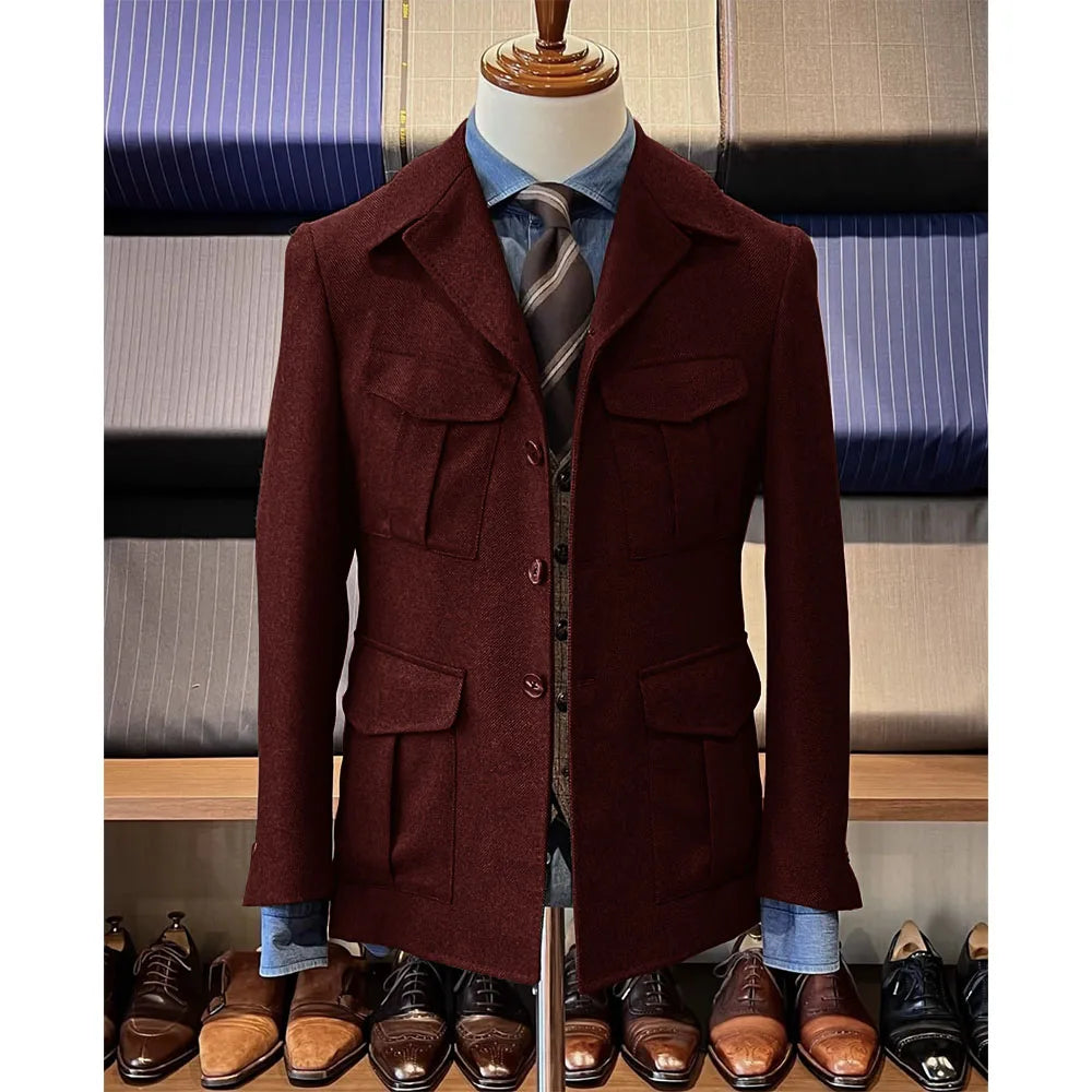 Men's Herringbone Hunting Jacket Casual 4 Pockets Fashion Design Vintage Tweed Blazer Blazer Single Breasted Comfortable Work