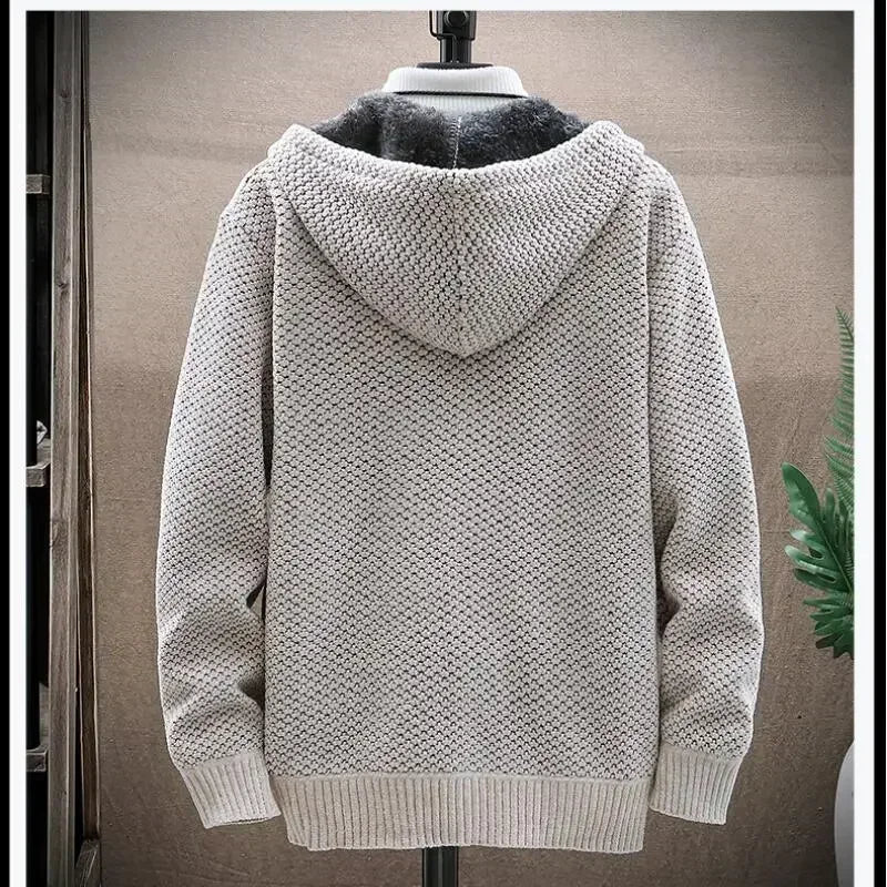 Men Cardigan Winter Hooded Solid Sweater Autumn Winter Fleece Warm Casual Sweatercoat Male Zipper Knitted Cardigans Men Clothing