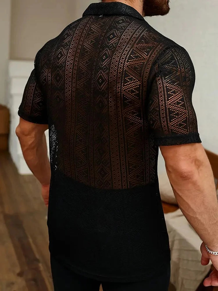 2025 Summer Trendy Mens Mesh Shirts Stylish Short Sleeve Hollow Out Mesh Shirt Vacation Men Sexy See Through Lace Cardigan Tops