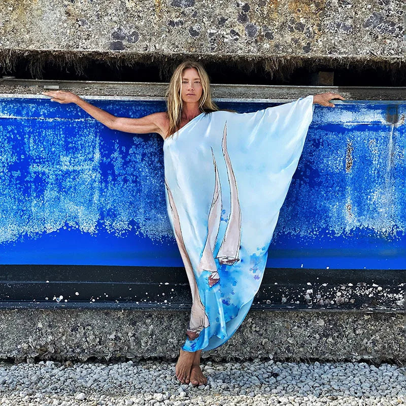 Color Butterfly Print One Shoulder Sleeve Dresses Women Sexy Off Shoulder Loose Beach Vacation Irregular Long Dress Streetwear