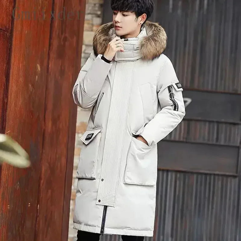 Autumn Winter Thickened Warm Cold-proof Mid-length Over-the-knee Jackets Men's Loose Casual High Street Parkas Male Clothes