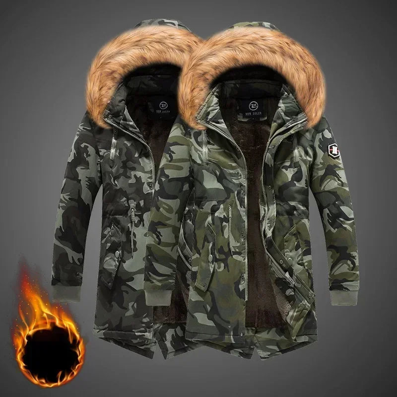 Camouflage Jacket Winter Hooded Velvet Thick Windproof Coat Men Warm Male's Medium-long Parkas New Mens Camo Parka Coat