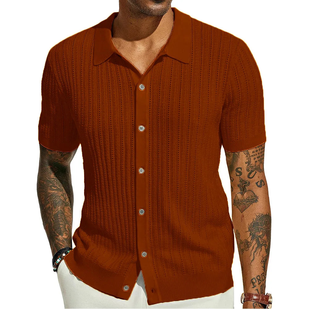 Summer Men's Casual Shirt Breathable Hollow Out Knit Shirt Short Sleeve Lapel Lightweight Top for Men European  American Loose