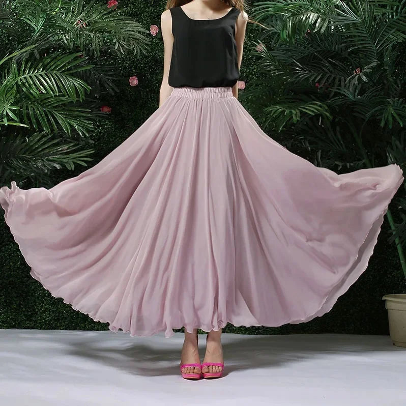 720 Degree Wide Dancing Skirt Chiffon Double Layer Semi-Long Dress Women's Solid Color Xinjiang Dance Skirt