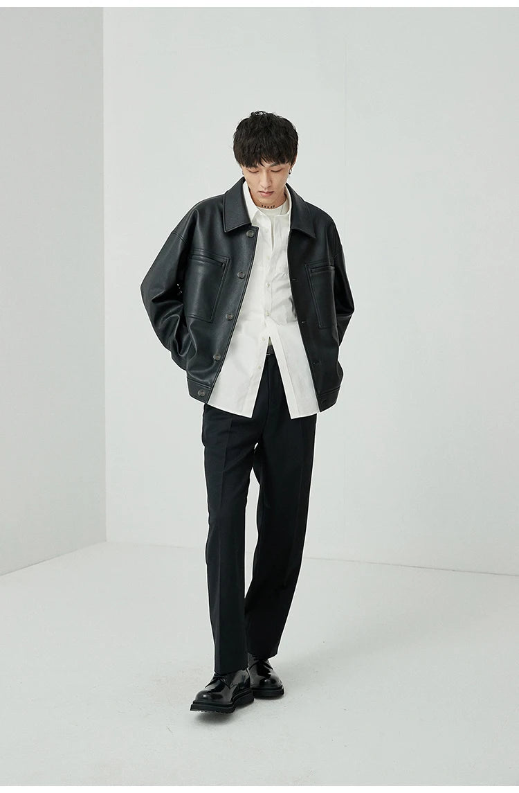 Mauroicardi Spring Autumn Short Oversized Brown Black Soft Faux Leather Jackets for Men Pockets Long Sleeve Korean Fashion 2022