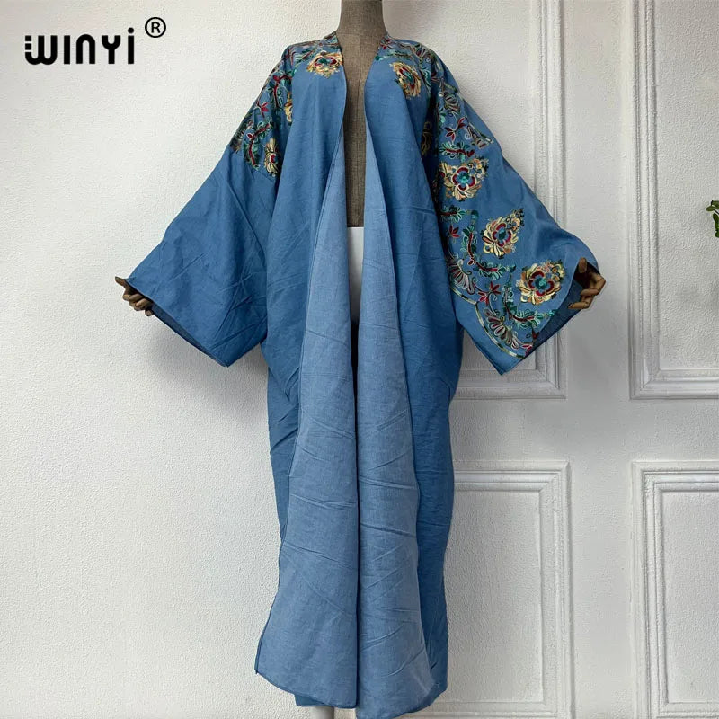 WINYI Embroidered soft denim cardigan Women coat Loose Long Dress elegant Party Boho maxi beach Holiday Swimming Cover Up Kimono
