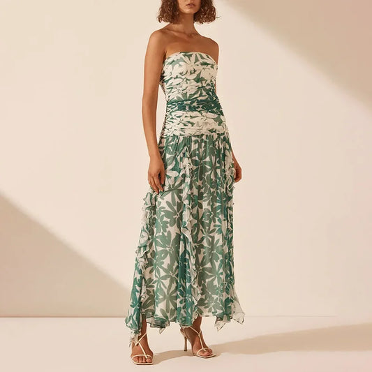 2025spring/summer New Printed Strapless Long Dress with A Stylish Design and Pleated Long Chiffon Dress for Women's Evening Wear