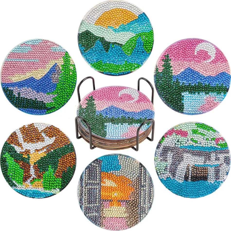 PhotoCustom 6pc/Sets Diamond Painting Coasters 5D DIY Round Diamond Mosaic Mandala Cup Coasters With Holder Kitchen Accessories