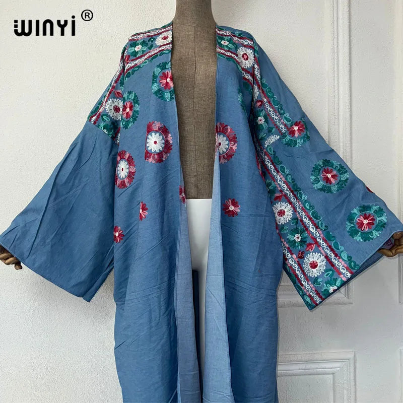 WINYI Embroidered soft denim cardigan Women coat Loose Long Dress elegant Party Boho maxi beach Holiday Swimming Cover Up Kimono