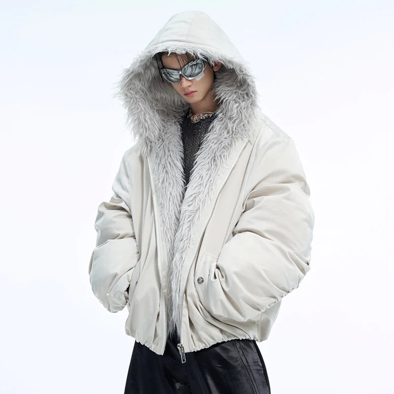 LUZHEN Winter Hooded Cotton Coat Casual Solid Color Faux Fur Patchwork Design Personalized Warm Short Baseball Jacket Men LZ7041