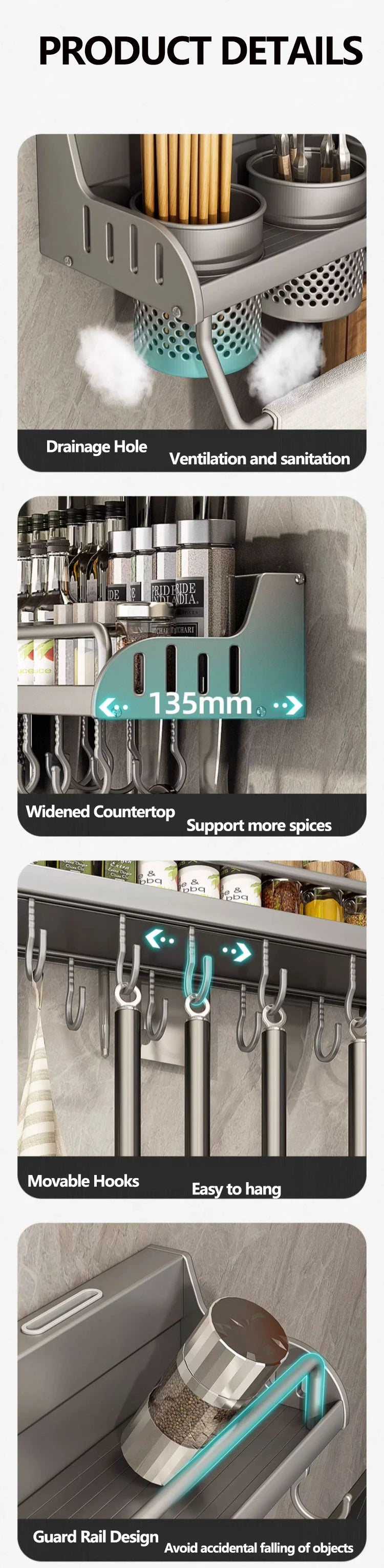 Kitchen Spice Storage Knives Holder Knife Stand Spice Rack Organizer Knives Holder Spoon and Chopsticks Rest Hanging Organizers