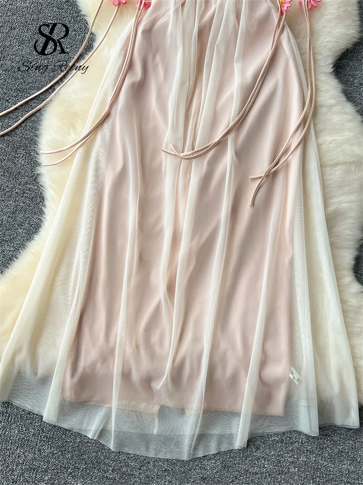 SINGREINY 2024 Bohemian Vacation Long Dress Spaghetti Strap Hollow Out A Line Mesh Sundress 3D Floral Backless Party Maxi Dress