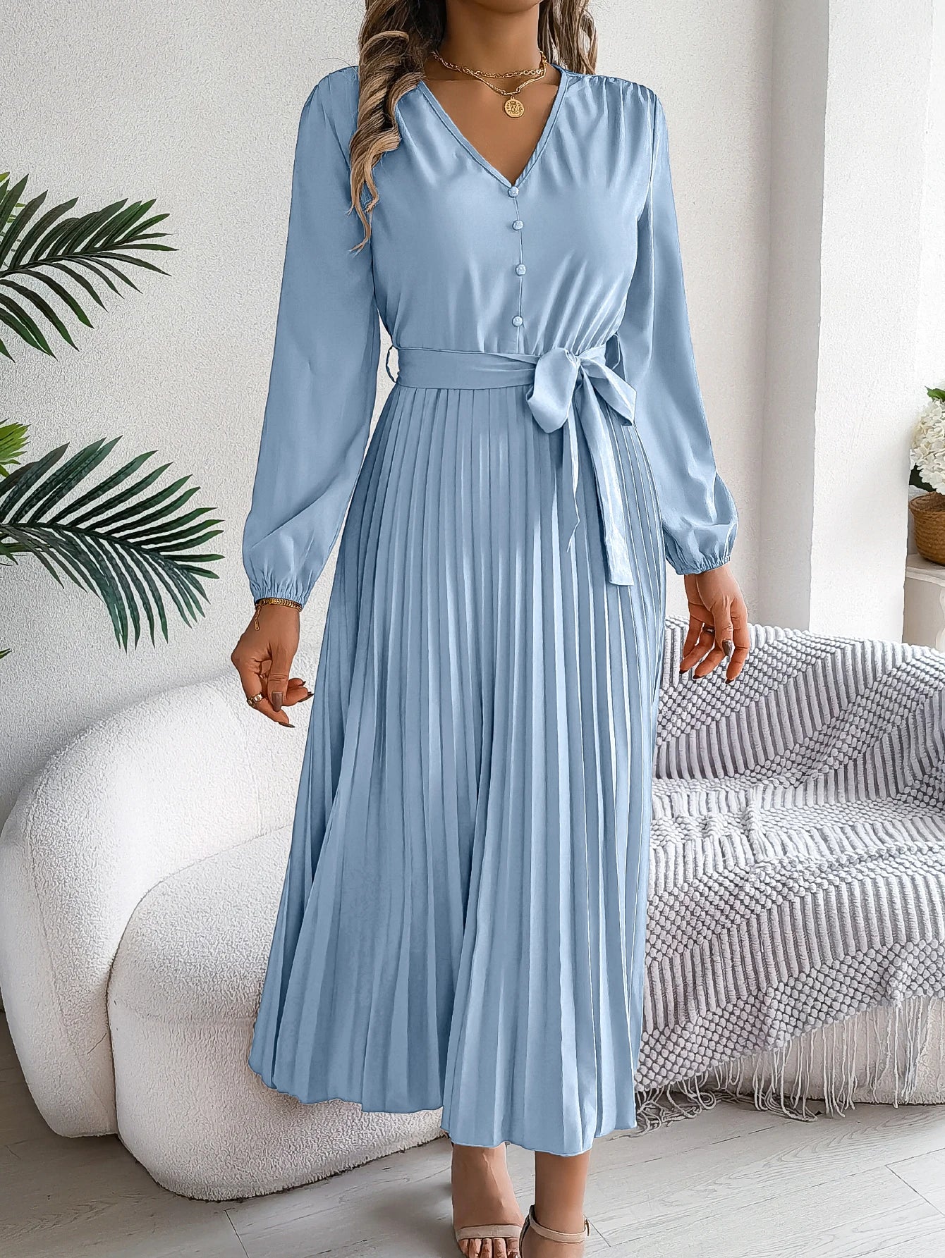 Autumn Winter Elegant V-Neck Button Belt Long Sleeved Solid Color Pleated Long Dress For Women Dresses
