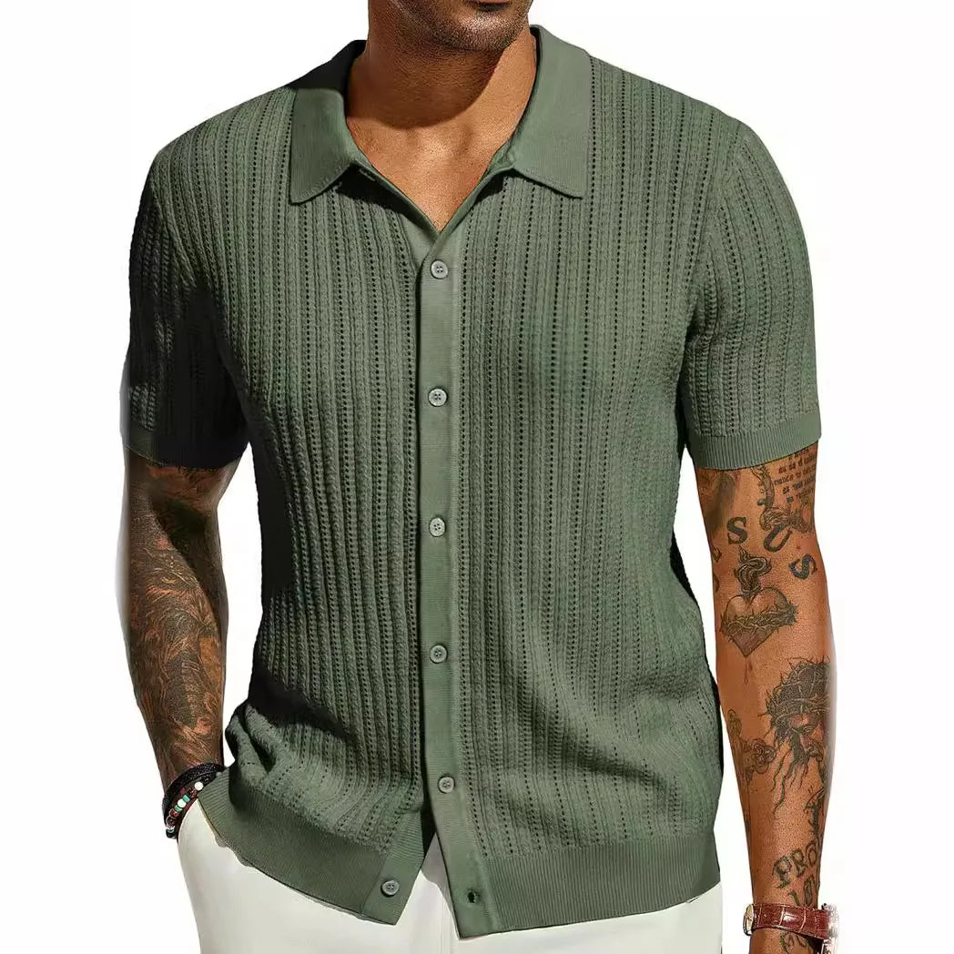 Summer Men's Casual Shirt Breathable Hollow Out Knit Shirt Short Sleeve Lapel Lightweight Top for Men European  American Loose