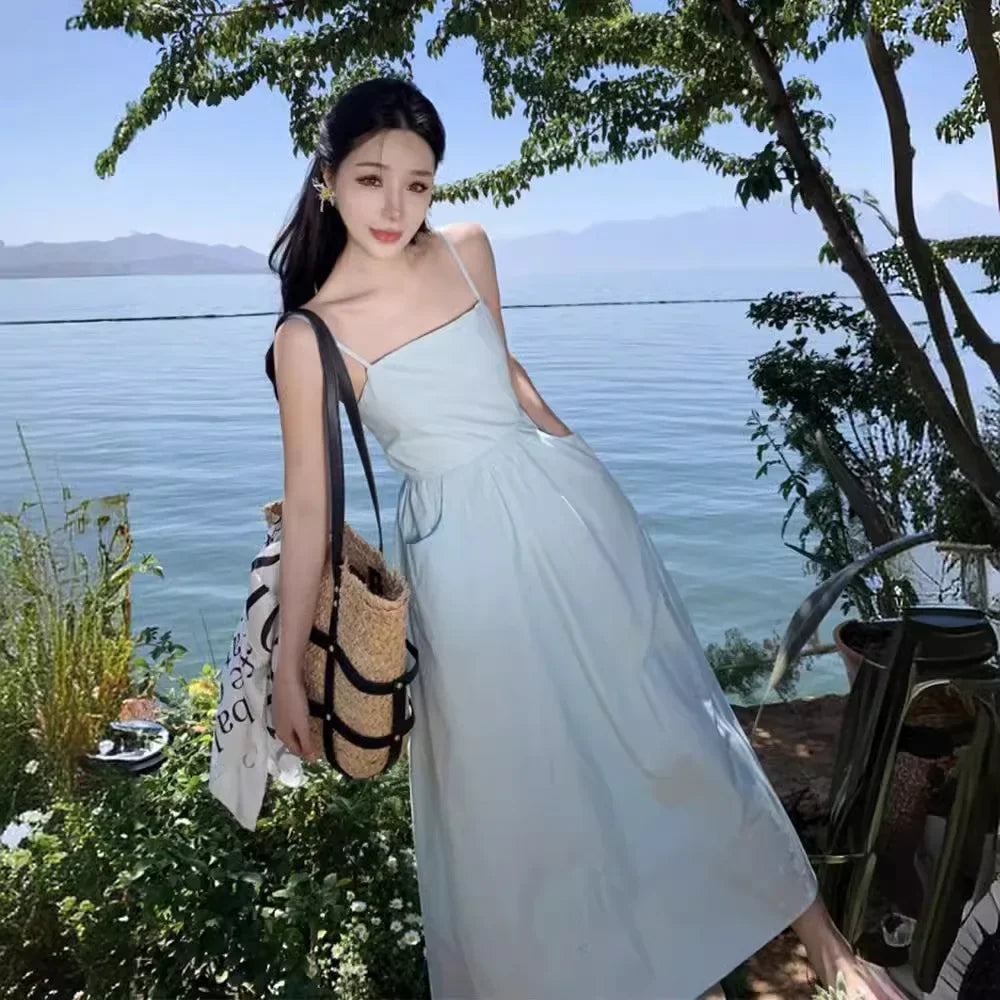 French Style Sexy Open-Back Blue Tank Dress Women's Summer Vacation Beach A- Line Long Dress Beach Vacation Dress
