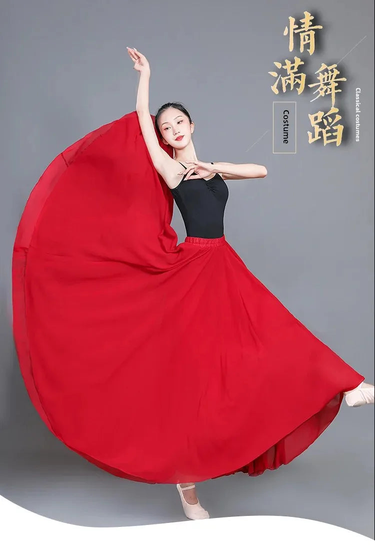 720 Degree Wide Dancing Skirt Chiffon Double Layer Semi-Long Dress Women's Solid Color Xinjiang Dance Skirt