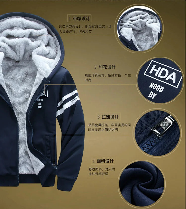 2025 Men's Thicken Warm Tracksuit Set Cardigan Fleece Hood Jacket+Pants Sweatshirts Male 2 Piece Sets Hoodies Suit Coat Big Size