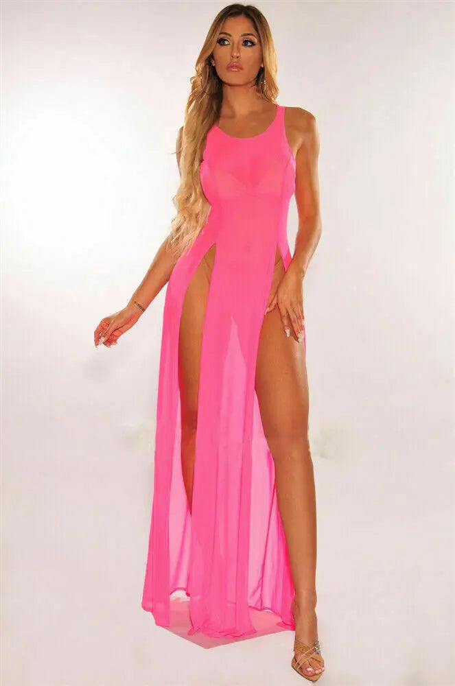 Lace O Mesh Neck Maxi Dress Mesh Lace Thin Transparent Sexy Women Slit Long Dress Elegant Women Fashion Sexy Women 7L7G