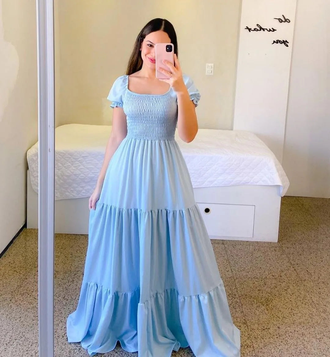 2025 Spring Summer New Women Closing Solid Color Square Collar Short Sleeve Long Dress Vestidos Largos vestidos verano moda 2024