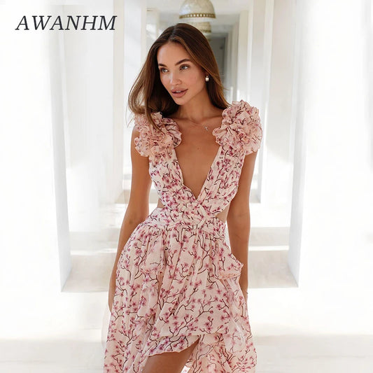Summer Vacation Sexy Print Long Dress Deep V-Neck Backless Slim Fit Ruffled Floral Dress