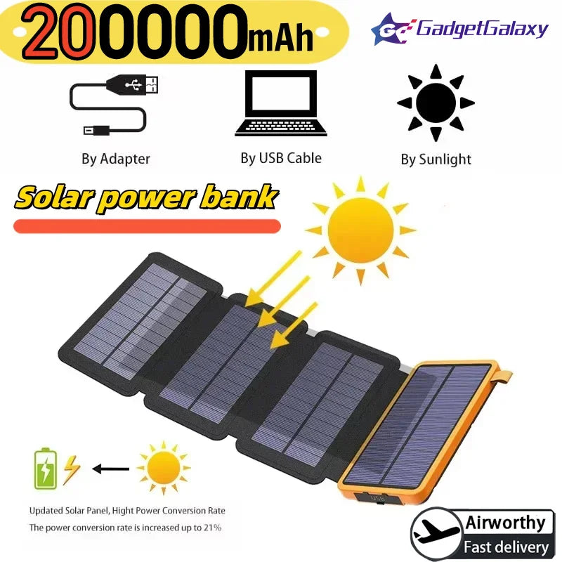 200000mAh Portable Solar Power Bank USB Super Fast Charging Folding Solar Panels Outdoor Camping Waterproof Sun Power For iPhone